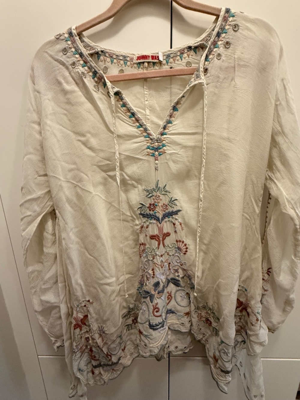 Johnny Was Embroidered Ivory Boho Tunic Blouse Size S